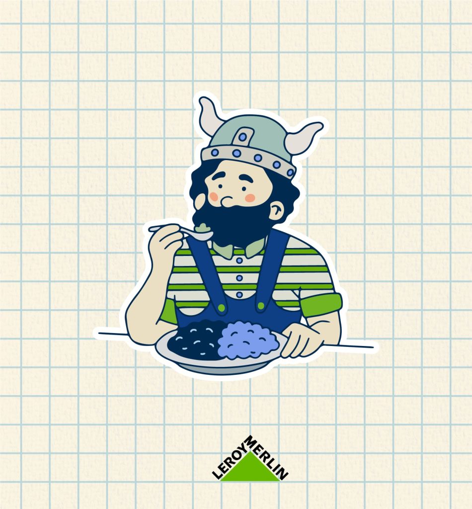 Création d'une mascotte pour Leroy Merlin. En train de manger.