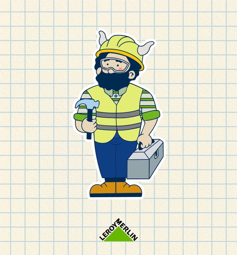Création d'une mascotte pour Leroy Merlin. En tenue de sécurité.