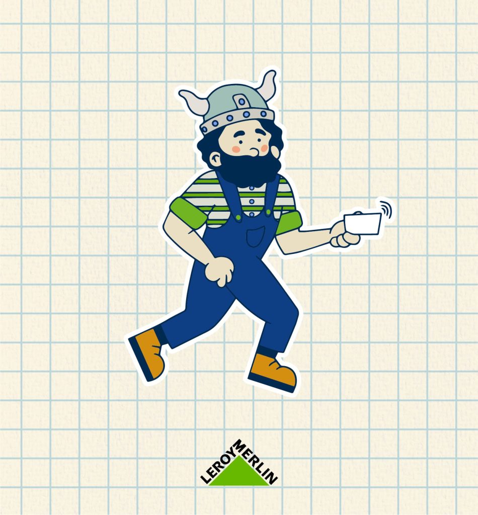 Création d'une mascotte pour Leroy Merlin. En train de badger.