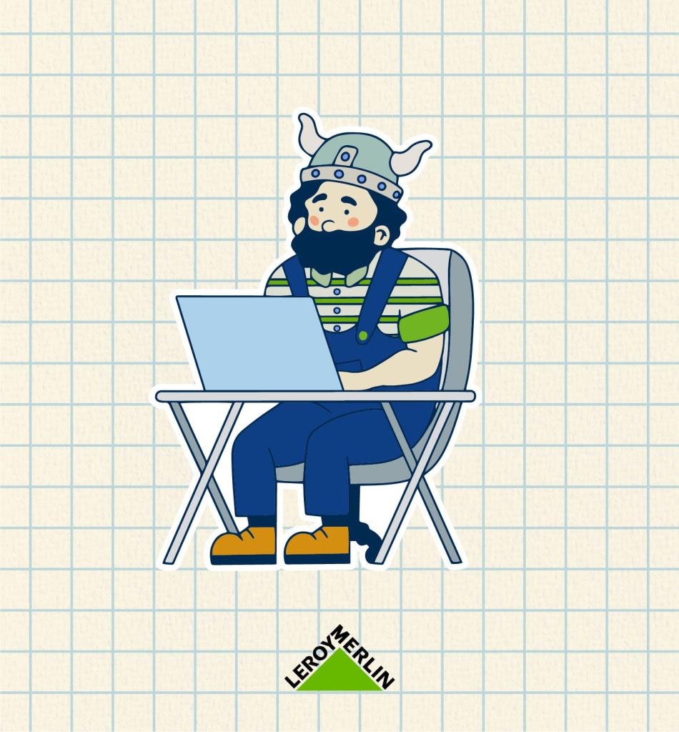 Création d'une mascotte pour Leroy Merlin. En train de travailler sur son ordinateur.
