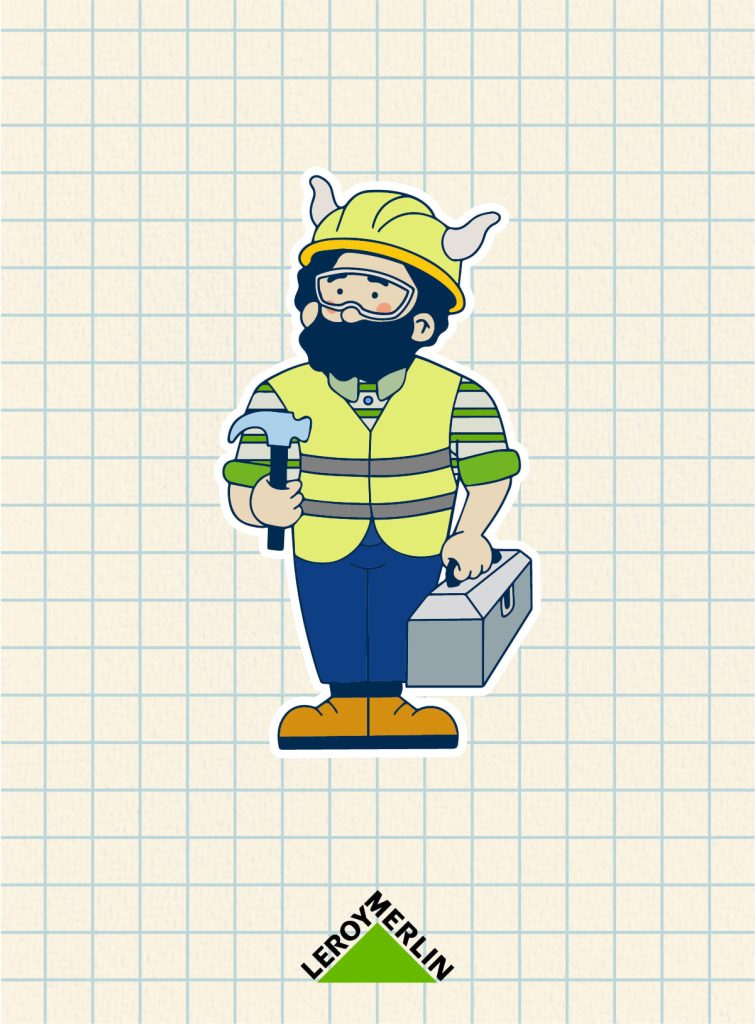 Création d'une mascotte pour Leroy Merlin. En tenue de sécurité.